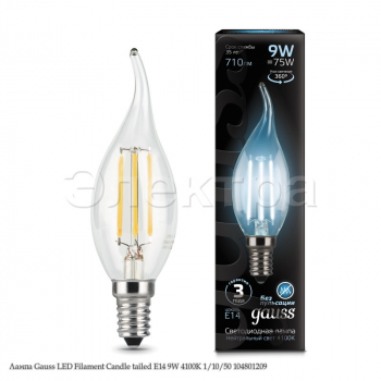 Лампа Gauss LED Filament Candle tailed E14 9W 4100K 1/10/50 104801209 Лампа Gauss LED Filament Candle tailed E14 9W 4100K 1/10/50 104801209