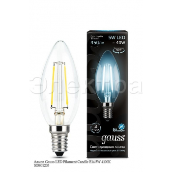 Лампа Gauss LED Filament Candle E14 5W 4100К 103801205 Лампа Gauss LED Filament Candle E14 5W 4100К 103801205