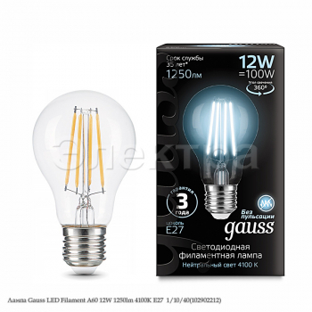 Лампа Gauss LED Filament А60 12W 1250lm 4100К Е27  1/10/40(102902212)